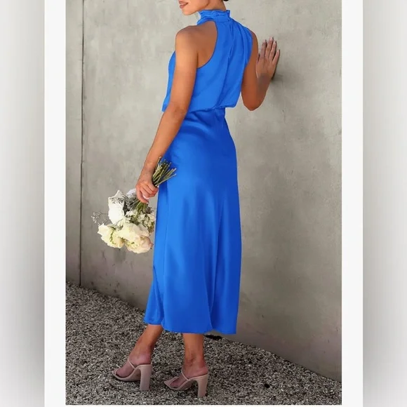 PrettyGarden Women's Blue Satin Sleeveless Maxi Dress. - Picture 2 of 4